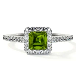 Natural Square Cut Peridot Prong Set Halo Ring