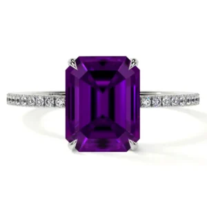 Natural Emerald Cut Amethyst Prong Set Halo Ring
